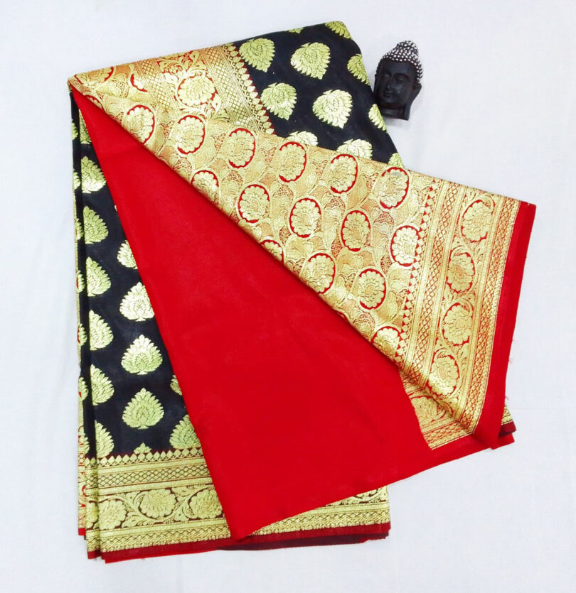 2B Coal Black wb Crimson Red with Golden Zari Banarasi Silk Saree