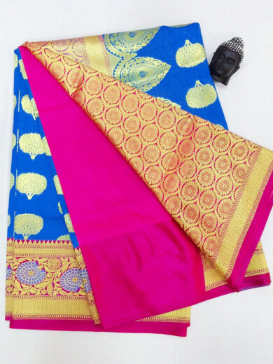 2B Azure Blue wb Barbie Pink with Golden Zari Banarasi Silk Saree