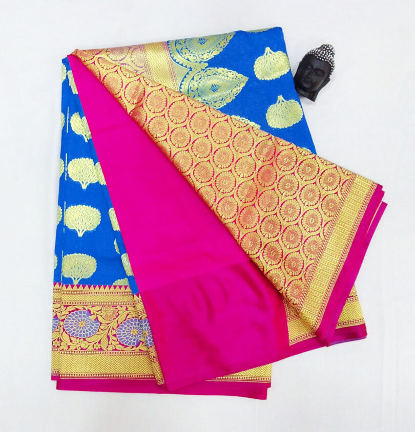 2B Azure Blue wb Barbie Pink with Golden Zari Banarasi Silk Saree