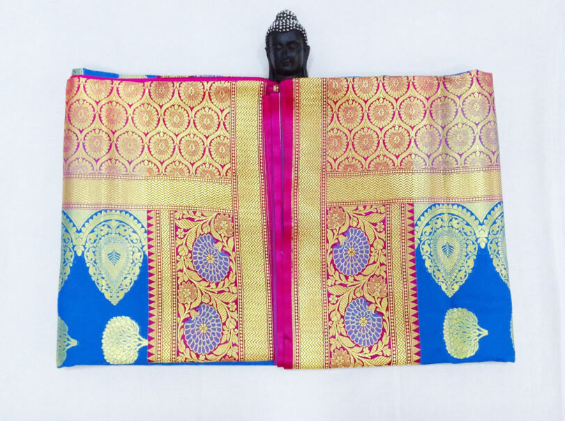 2B Azure Blue wb Barbie Pink with Golden Zari Banarasi Silk Saree - Image 2