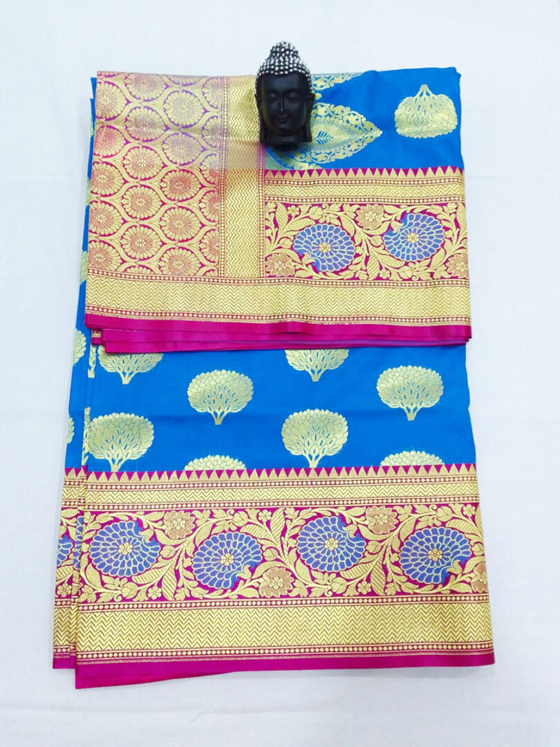 2B Azure Blue wb Barbie Pink with Golden Zari Banarasi Silk Saree - Image 3