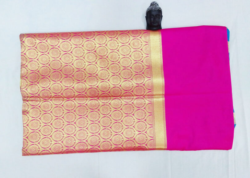 2B Azure Blue wb Barbie Pink with Golden Zari Banarasi Silk Saree - Image 4