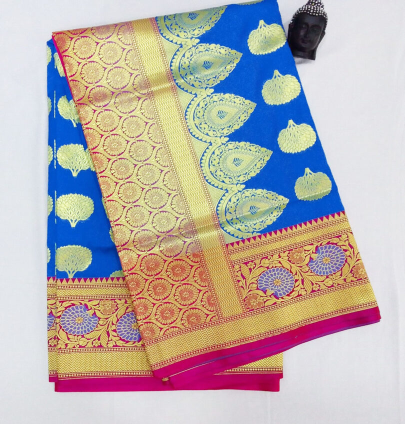 2B Azure Blue wb Barbie Pink with Golden Zari Banarasi Silk Saree - Image 5