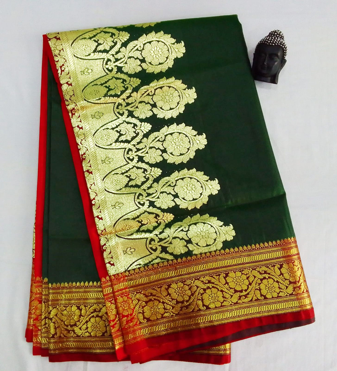 2B Phthalo Green wb Crimson Red with Golden Zari Banarasi Silk Saree - Image 5