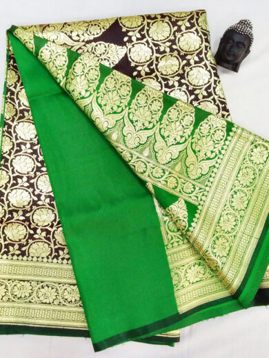 2B Chocolate Brown wb Emerald Green with Golden Zari Banarasi Silk Saree