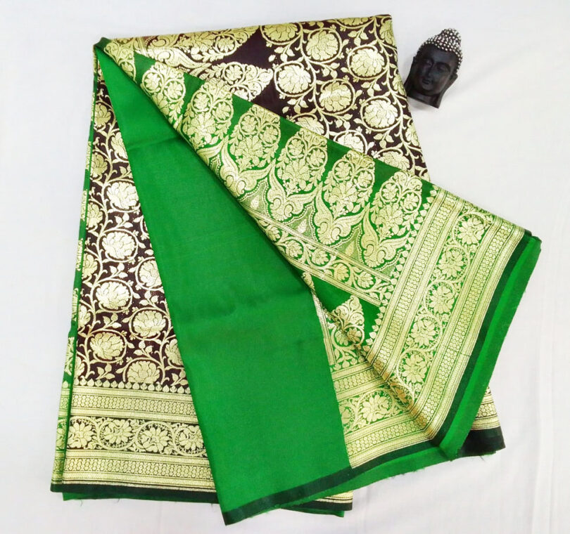 2B Chocolate Brown wb Emerald Green with Golden Zari Banarasi Silk Saree