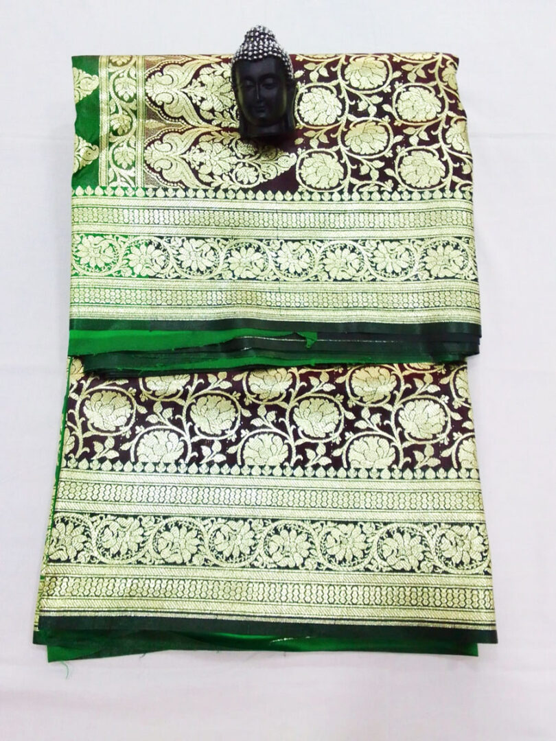 2B Chocolate Brown wb Emerald Green with Golden Zari Banarasi Silk Saree - Image 3