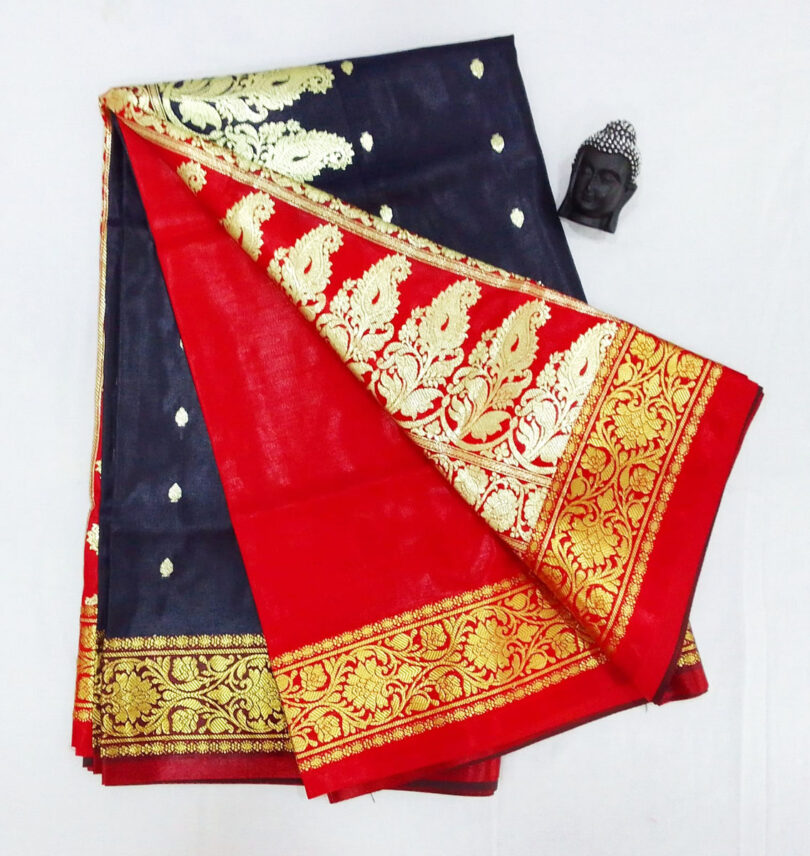 2B Navy Blue wb Ruby Red with Golden Zari Banarasi Silk Saree