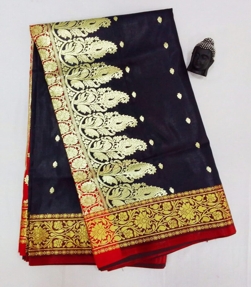 2B Navy Blue wb Ruby Red with Golden Zari Banarasi Silk Saree - Image 2