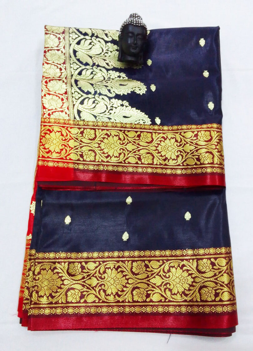 2B Navy Blue wb Ruby Red with Golden Zari Banarasi Silk Saree - Image 3