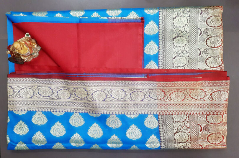 2B Azure Blue wb Ruby Red with Golden  Zari Banarasi Silk Saree - Image 6