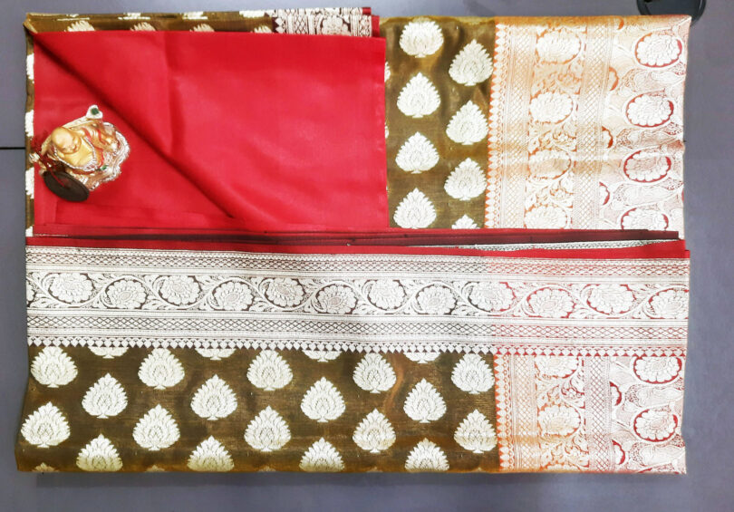 2B Caramel Brown wb Ruby Red with Golden Zari Banarasi Silk Saree - Image 5