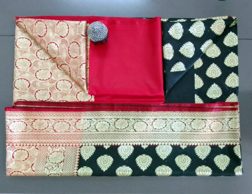 2B Coal Black wb Crimson Red with Golden Zari Banarasi Silk Saree - Image 6
