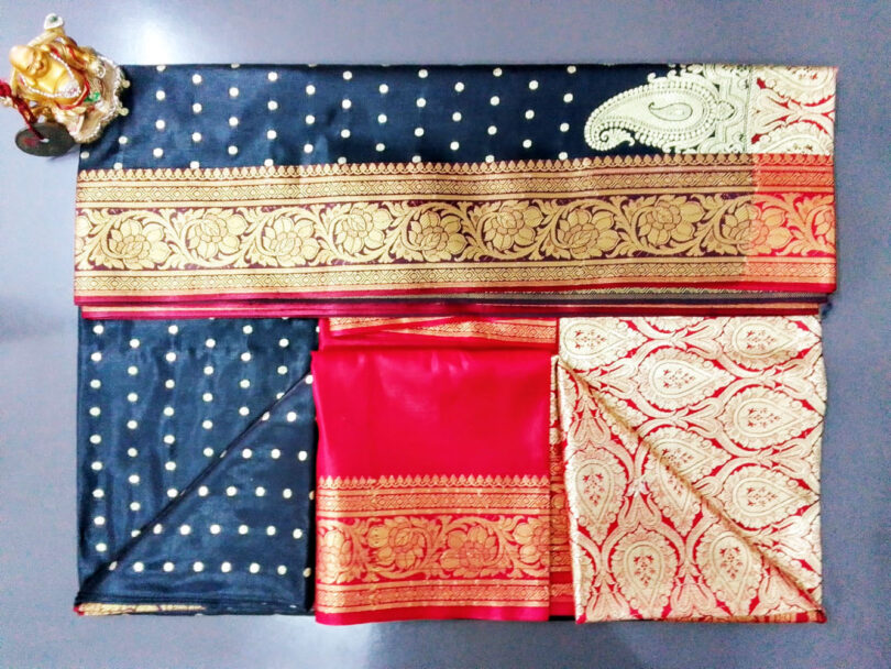 2B Coal Black wb Crimson Red with Golden Zari Banarasi Silk Saree - Image 6