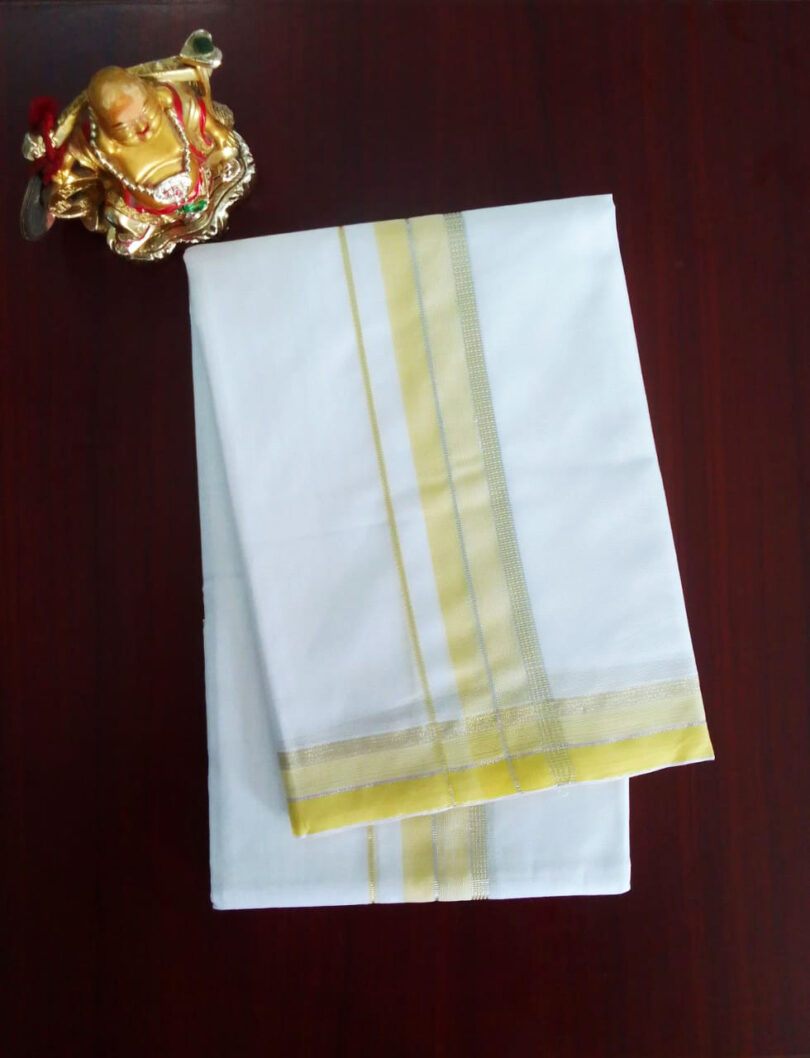 2B Daffodil Yellow Border Handloom Dhoti - Image 2