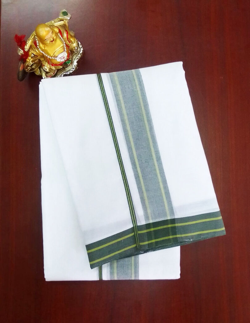 2B Dark Green with Crimson Yellow Border Handloom Dhoti - Image 2