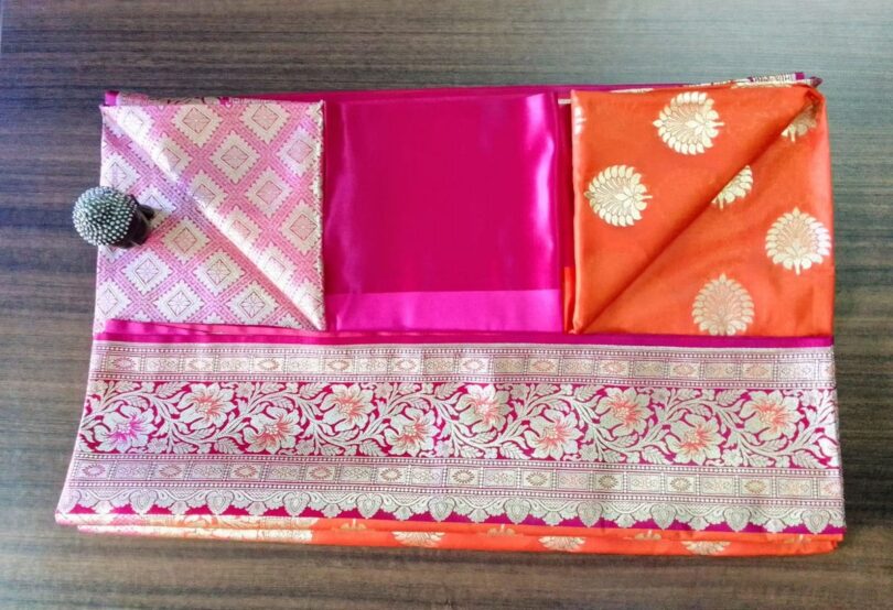 2B Dark Orange wb Barbie Pink with Golden Zari Banarasi Silk Saree - Image 6