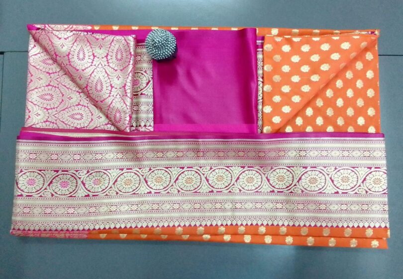 2B Dark Orange wb Barbie Pink with Golden Zari Banarasi Silk Saree - Image 6