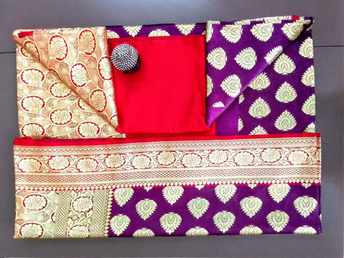 2B Eggplant Purple wb Crimson Red with Golden Zari Banarasi Silk Saree - Image 5