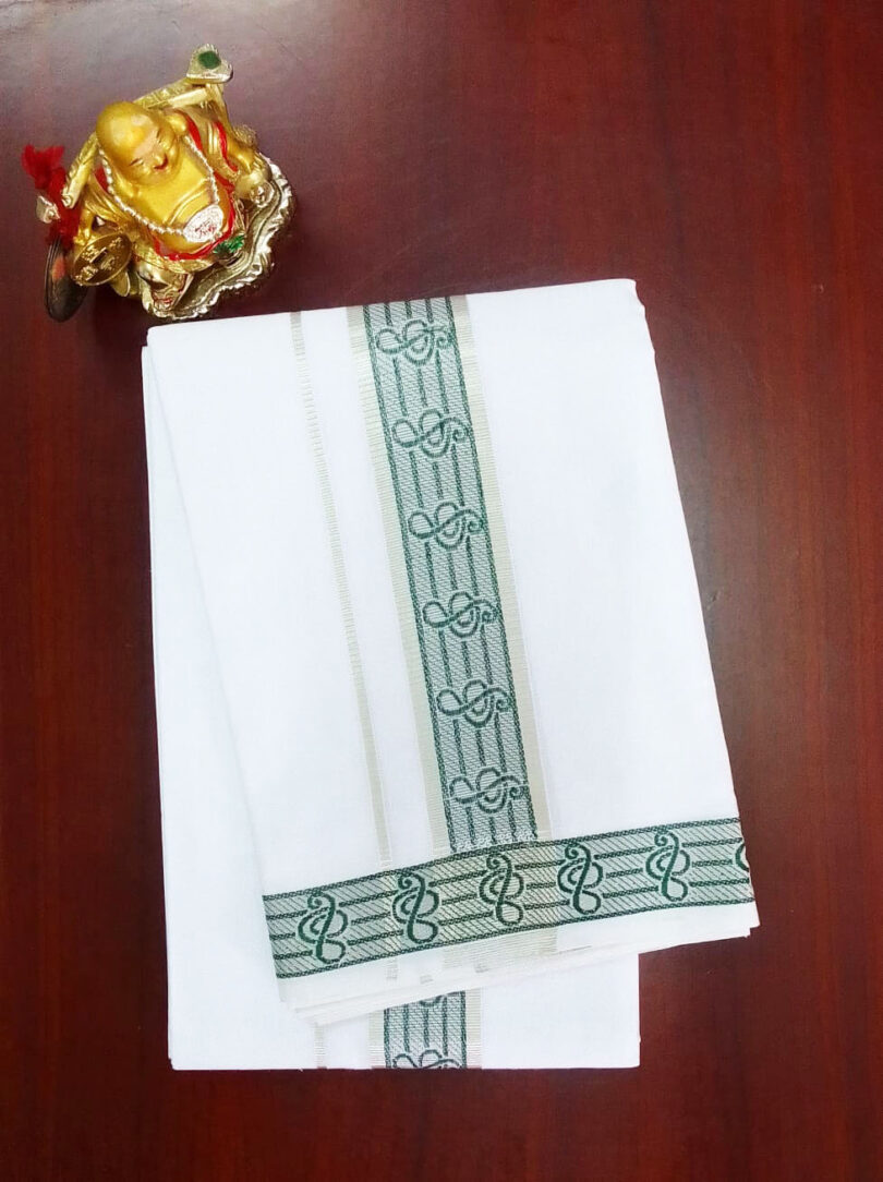 2B Forest Green with Silver Lined Border Handloom Dhoti - Image 2
