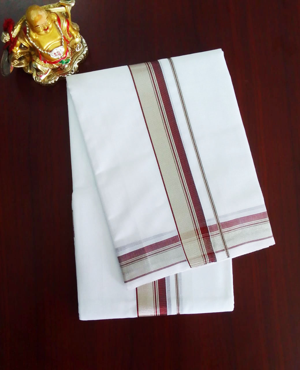 2B Silver with Maroon Border Handloom Dhoti - Image 2