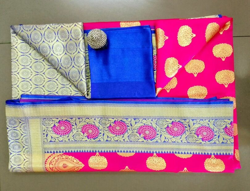 2B Magenta Pink wb Royal Blue with Golden Zari Banarasi Silk Saree - Image 6