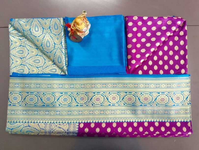 2B Magenta Purple wb Azure Blue with Golden Zari Banarasi Silk Saree - Image 6