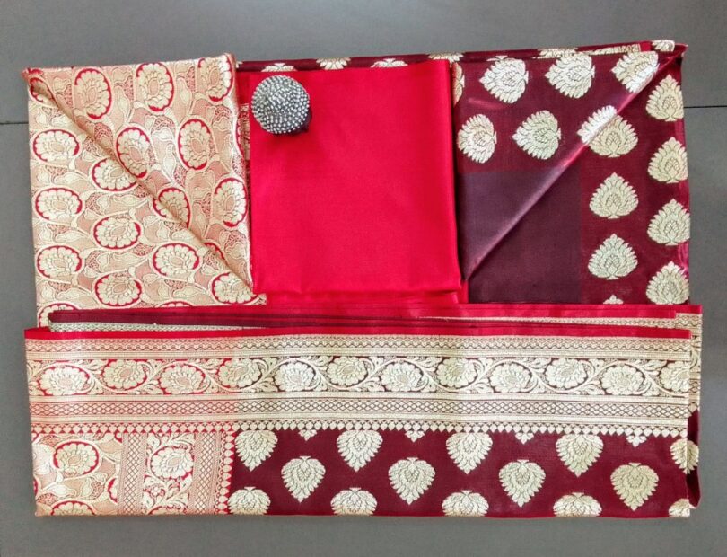 2B Maroon wb Ruby Red with Golden Zari Banarasi Silk Saree - Image 7