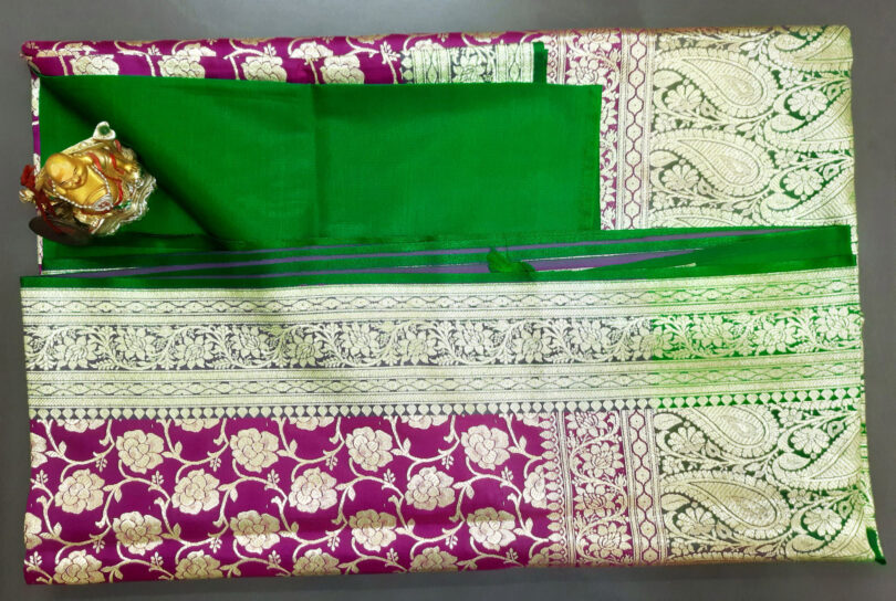 2B Merlot Pink wb Emerald Green with Golden Zari Banarasi Silk Saree - Image 6