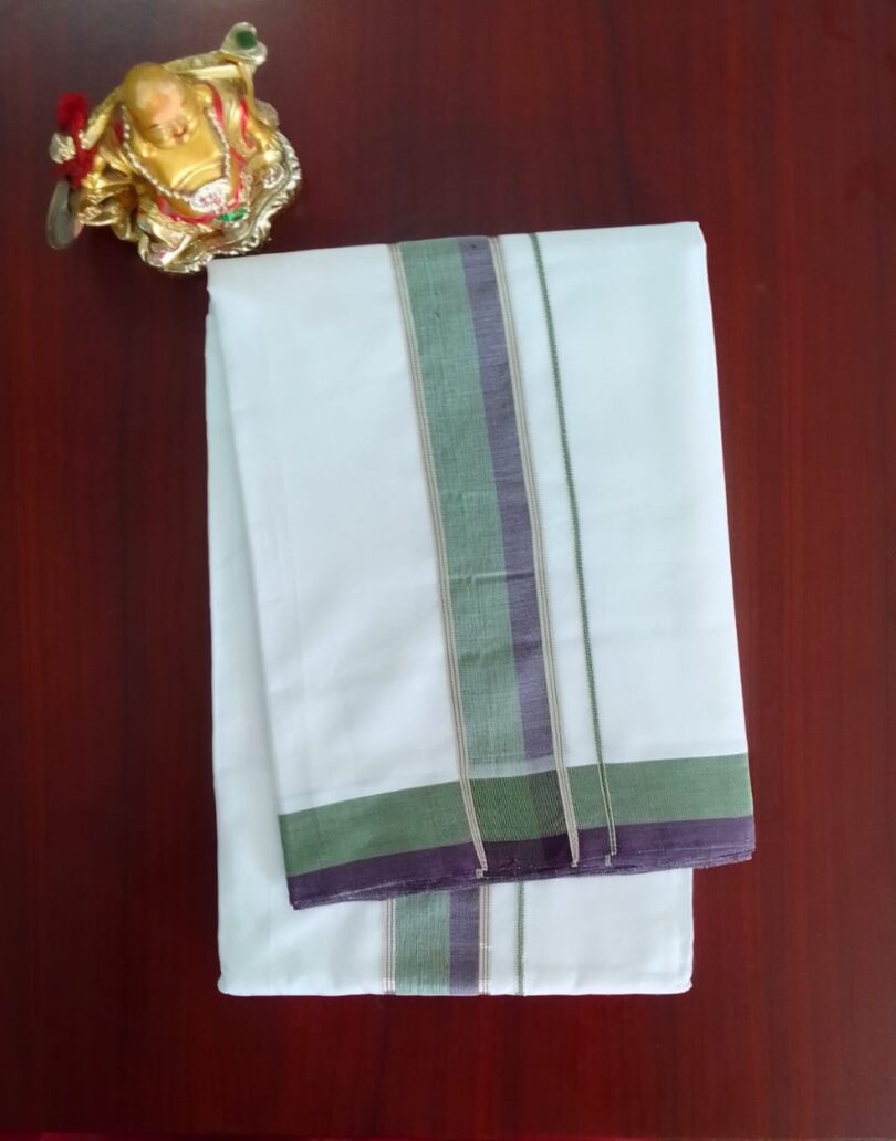 2B Mint Green with Purple Border Handloom Dhoti - Image 2