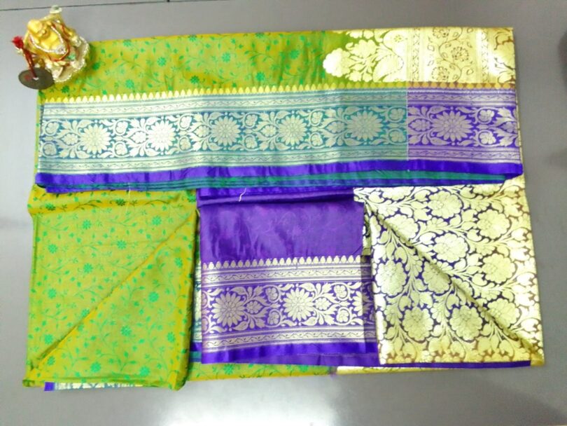 2B Mustard Green wb Cobalt Blue with Golden Zari Banarasi Silk Saree - Image 6