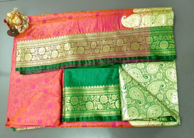 2B Mustard Orange wb Emerald Green with Golden Zari Banarasi Silk Saree - Image 6