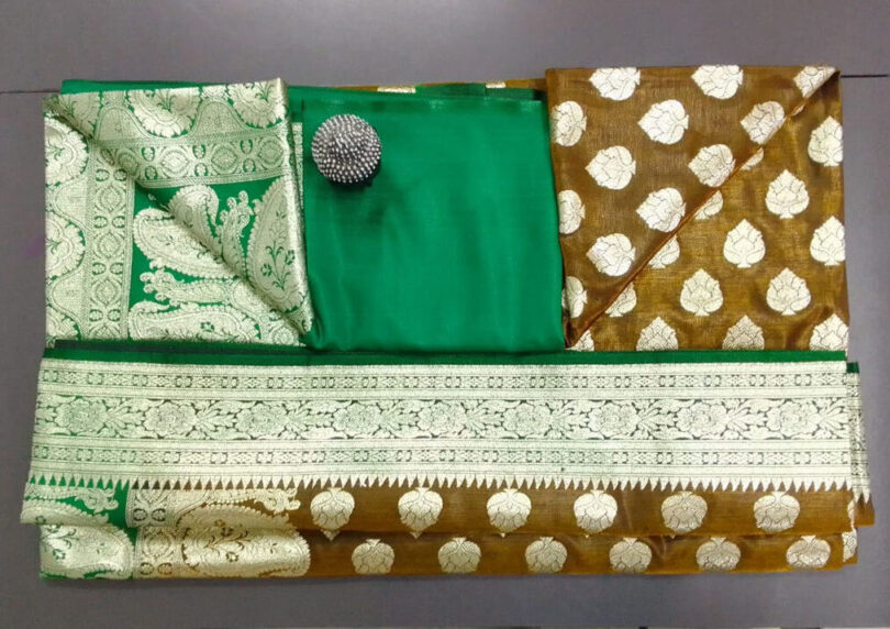 2B Mustard Brown wb Emerald Green with Golden Zari Banarasi Silk Saree - Image 6