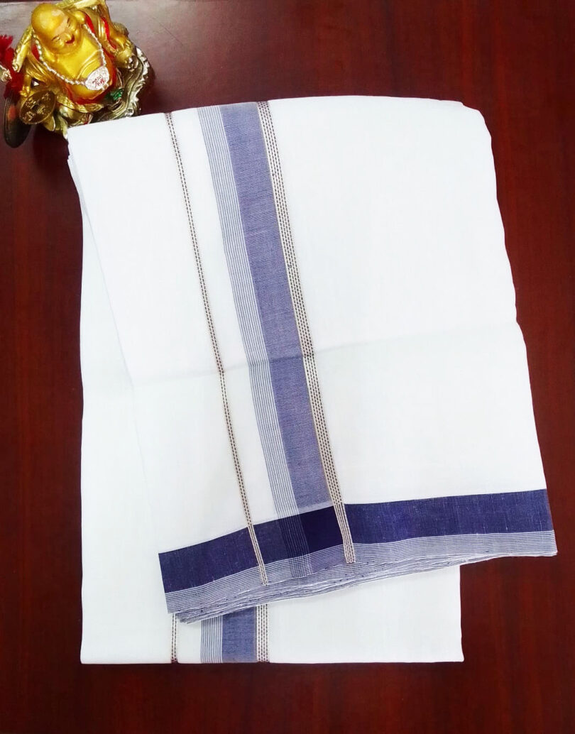 2B Navy Blue Border Handloom Dhoti - Image 2