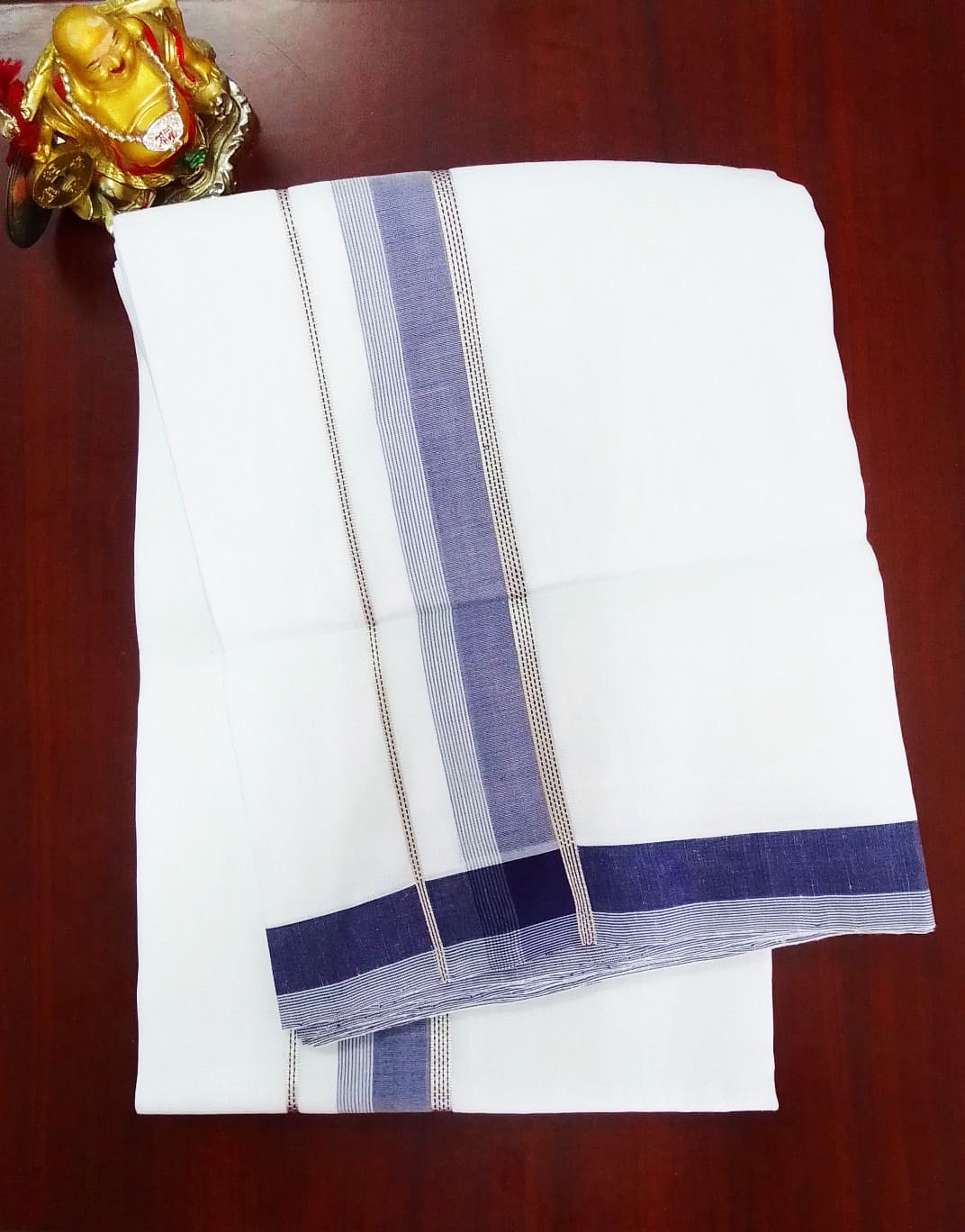 2B Navy Blue Border Handloom Dhoti - Image 2