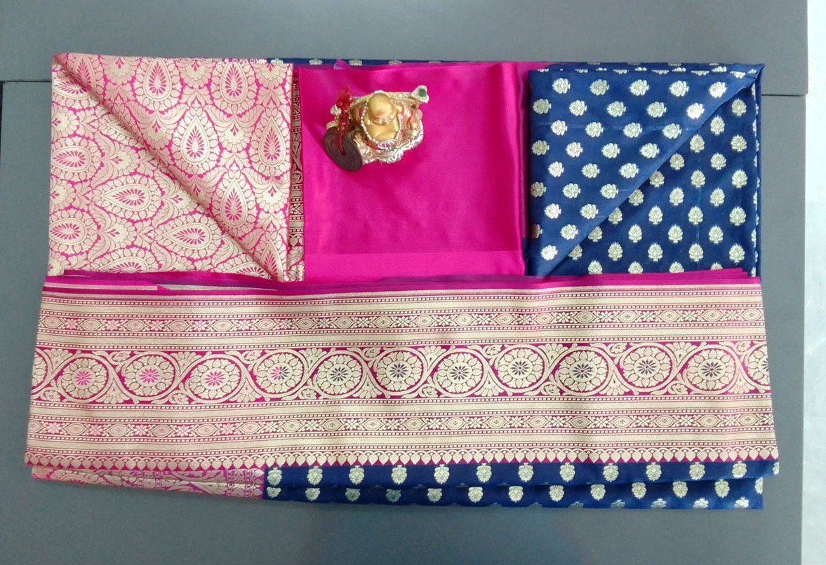 2B Navy Blue wb Barbie Pink with Golden Zari Banarasi Silk Saree - Image 6