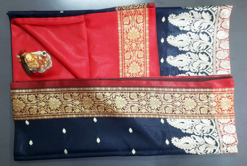 2B Navy Blue wb Ruby Red with Golden Zari Banarasi Silk Saree - Image 6