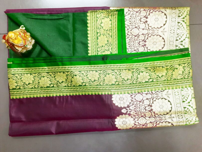 2B Plum Purple wb Emerald Green with Golden Zari Banarasi Silk Saree - Image 6