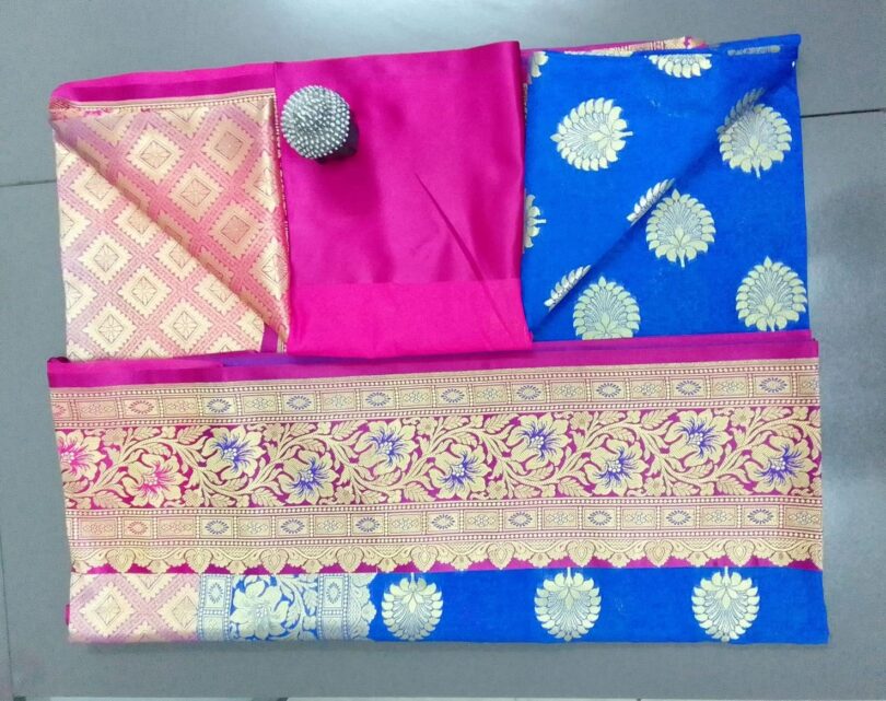 2B Royal Blue wb Barbie Pink with Golden Zari Banarasi Silk Saree - Image 6