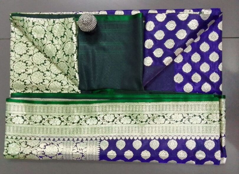 2B Royal Blue wb Dark Green Golden Zari Banarasi Silk Saree - Image 6