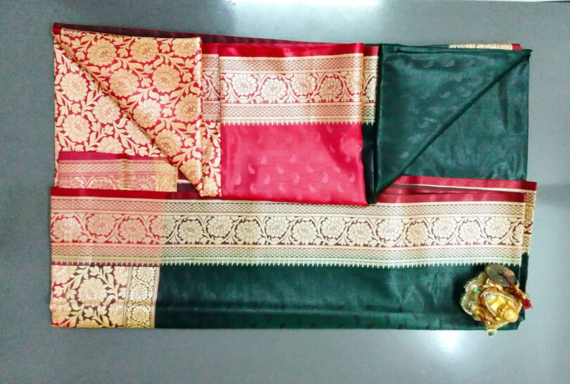 2B Sacramento Green wb Royal Red with Golden Zari Banarasi Silk Saree - Image 6