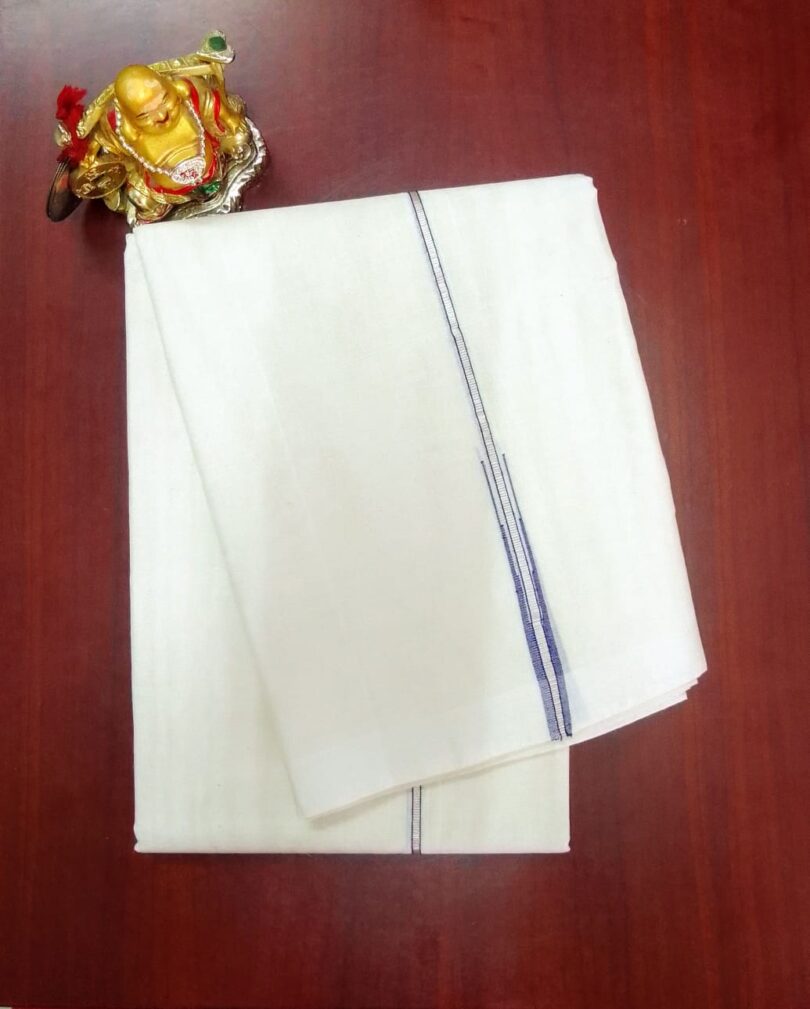 2B Violet Lined Border Handloom Dhoti - Image 2