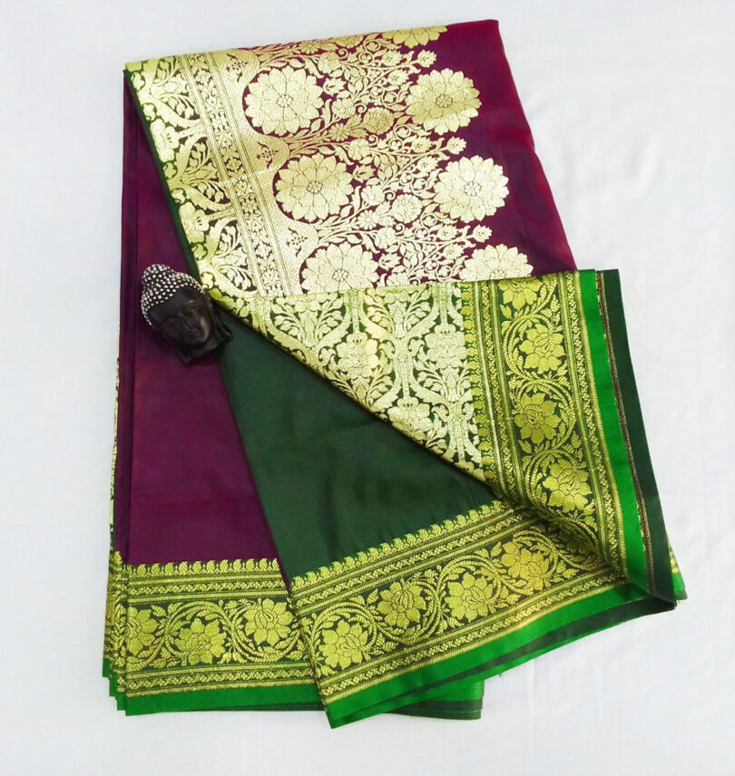 2B Plum Purple wb Emerald Green with Golden Zari Banarasi Silk Saree