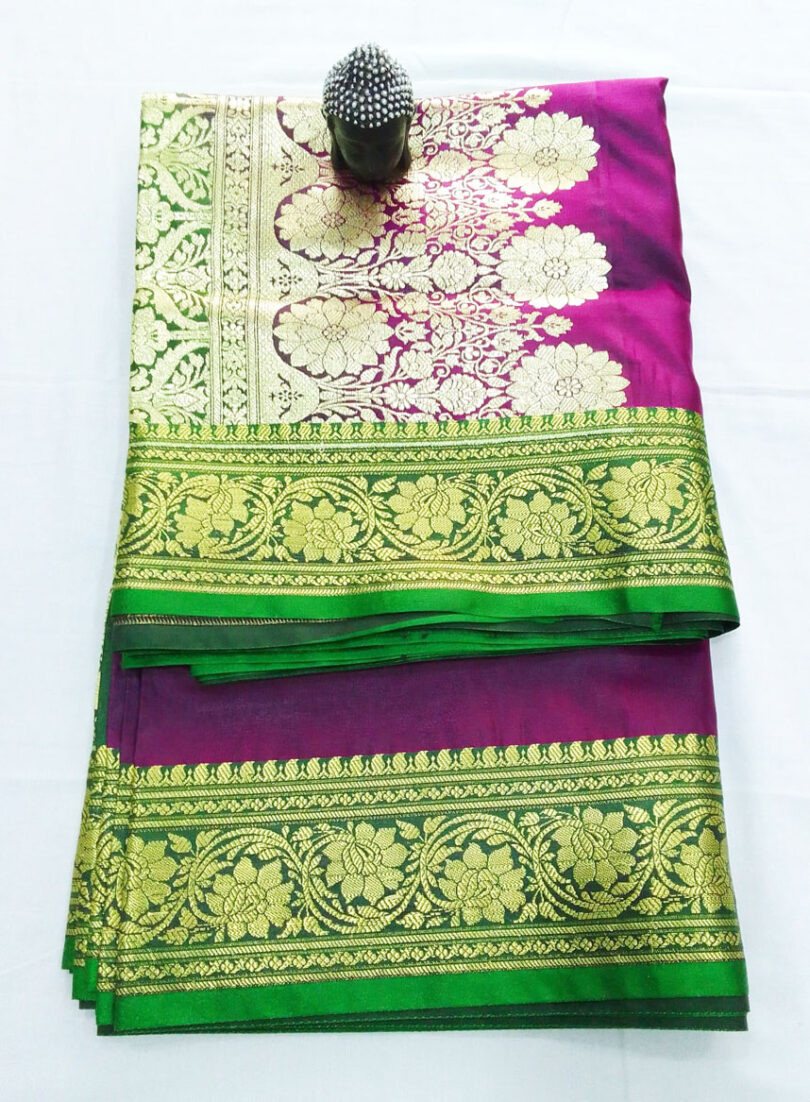 2B Plum Purple wb Emerald Green with Golden Zari Banarasi Silk Saree - Image 4