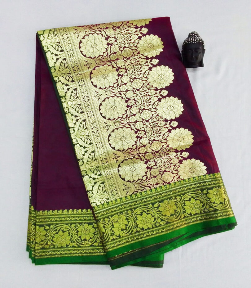 2B Plum Purple wb Emerald Green with Golden Zari Banarasi Silk Saree - Image 5