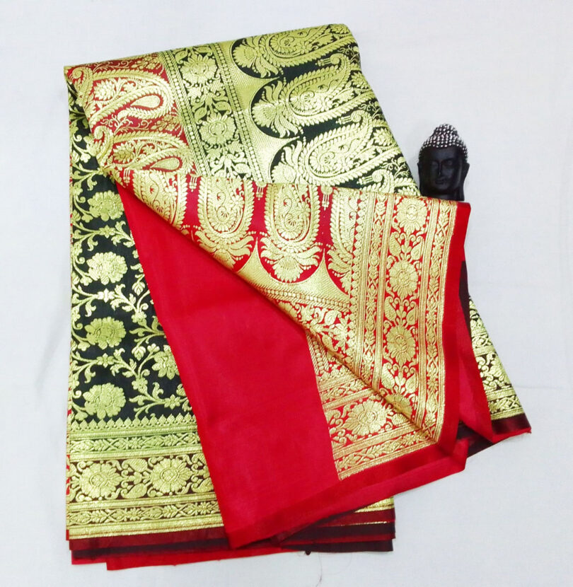 2B Coal Black wb Royal Red with Golden Zari Banarasi Silk Saree