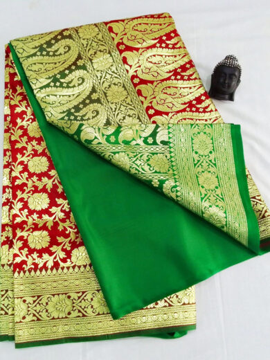 2B Crimson Red wb Emerald Green with Golden Zari Banarasi Silk Saree