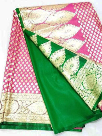2B Barbie Pink wb Emerald Green with Golden Zari Banarasi Silk Saree