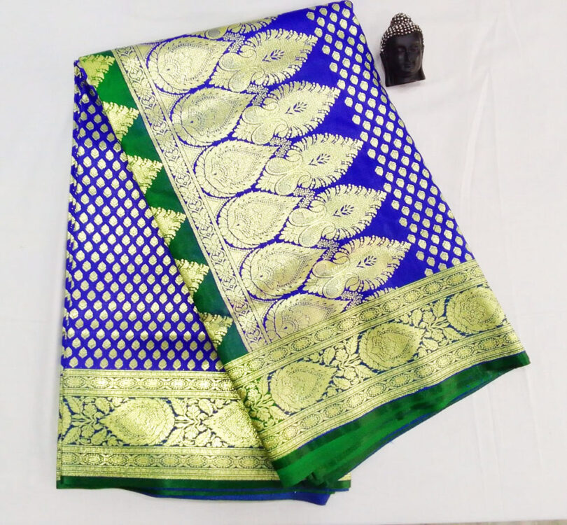 2B Cobalt Blue wb Emerald Green with Golden Zari Banarasi Silk Saree - Image 2