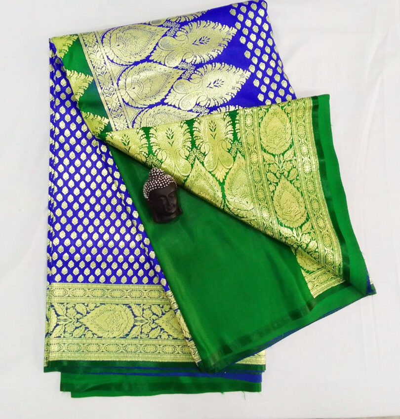 2B Cobalt Blue wb Emerald Green with Golden Zari Banarasi Silk Saree